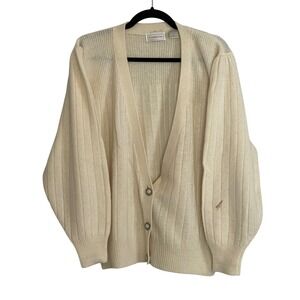 Cymbrion Vintage Angora Lambswool Ribbed Cardigan Cream Puff Sleeve Large